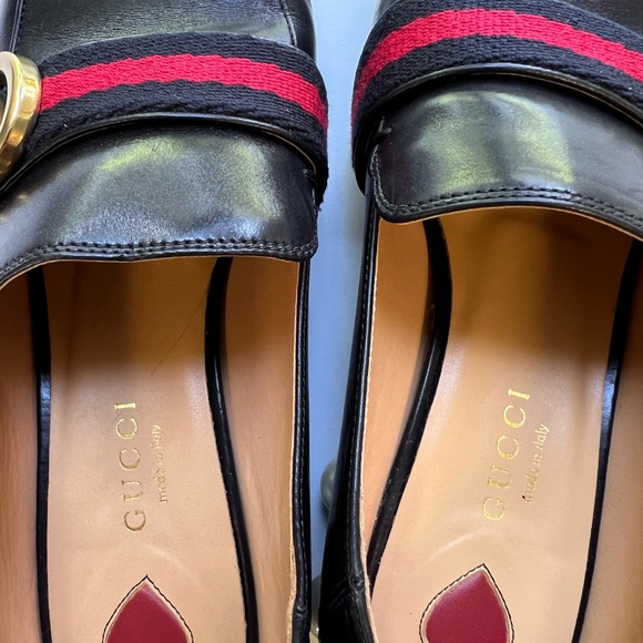 Gucci Black Leather Peyton Pearl Loafer Heel GG Marmont - Picture 7 of 13